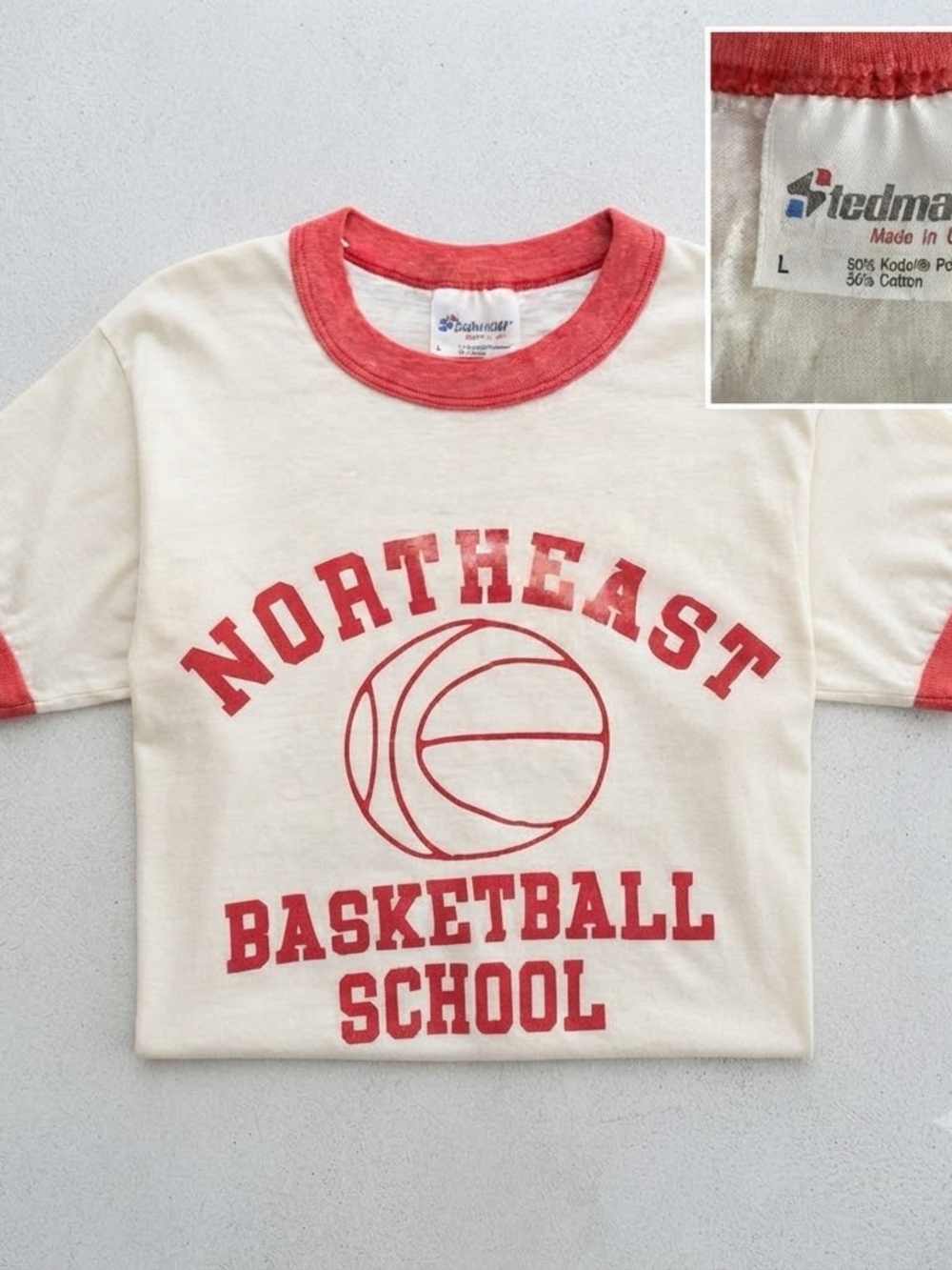 Northeast Basketball School Ringer Tee - Cream with Red Trim